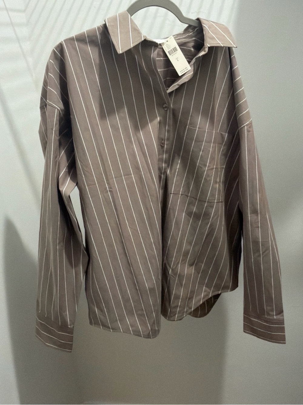 Anthropology Good American Taupe Pinstripe Button-Down Shirt